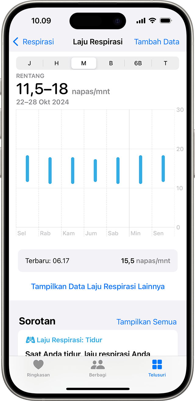 iPhone yang menunjukkan grafik Laju Respirasi selama 7 hari terakhir.