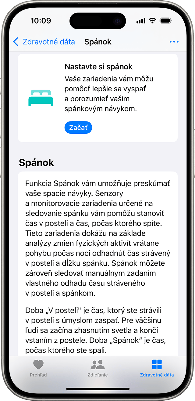 iPhone zobrazujúci obrazovku Spánok v apke Zdravie s modrým tlačidlom Začať na nastavenie spánku.