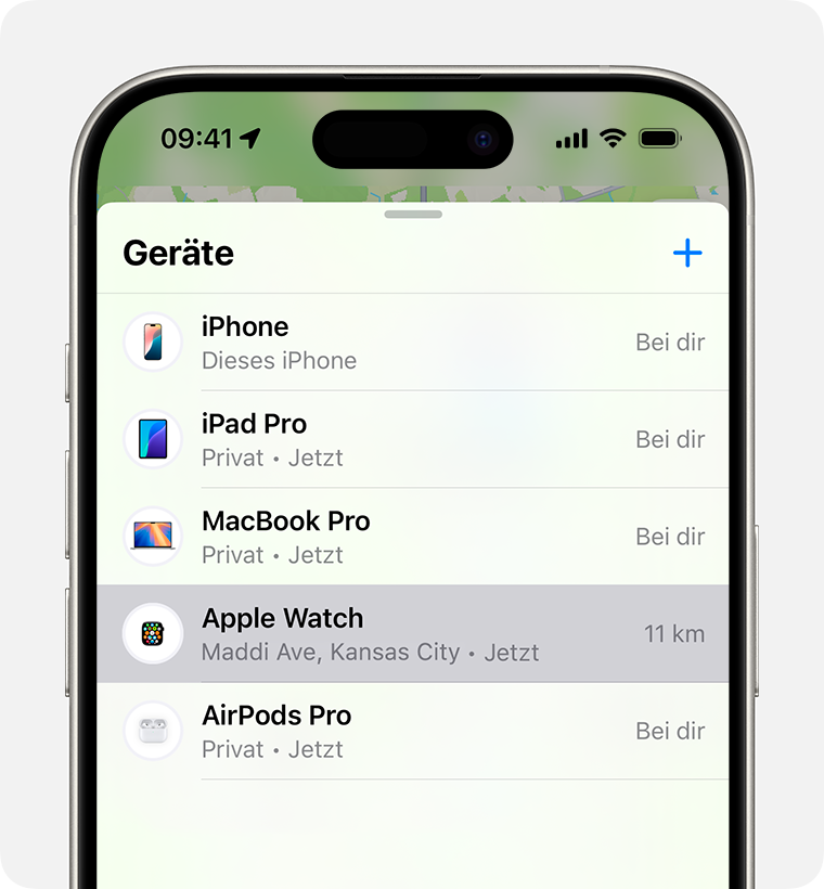 Wähle deine Watch in „Wo ist?“ aus, um den Modus „Verloren“ für deine Apple Watch zu aktivieren.