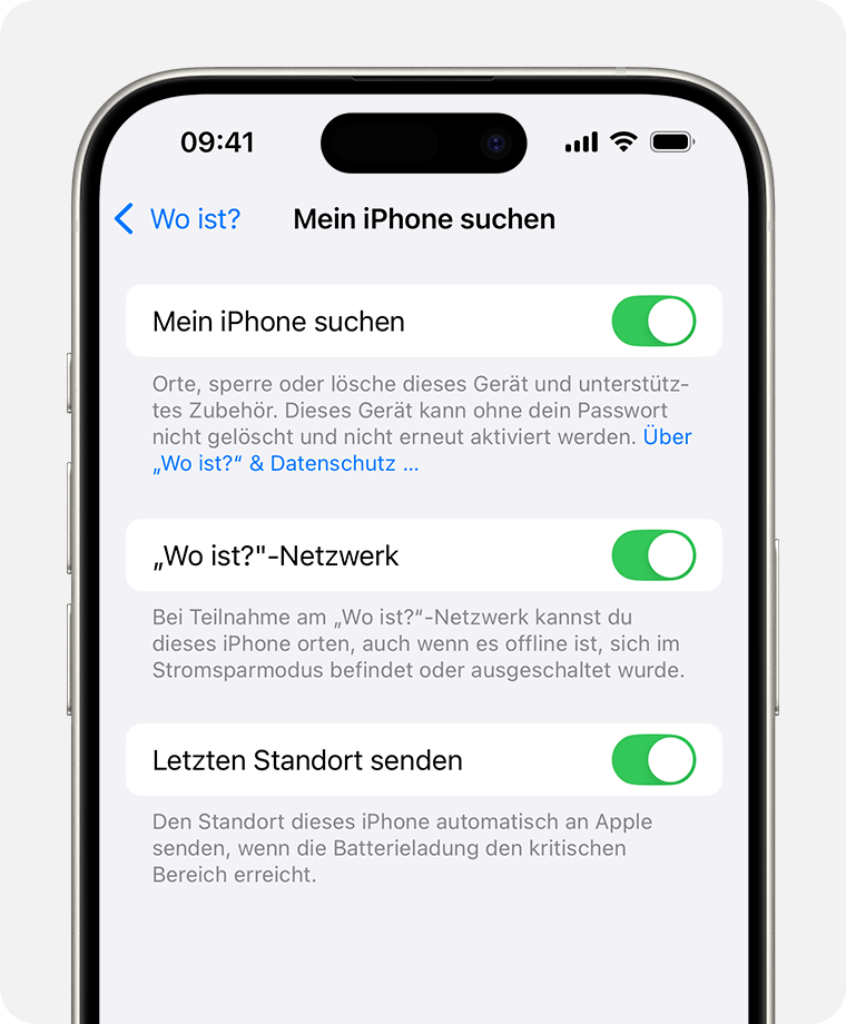 iPhone-Bildschirm mit den Einstellungen für „Wo ist?“