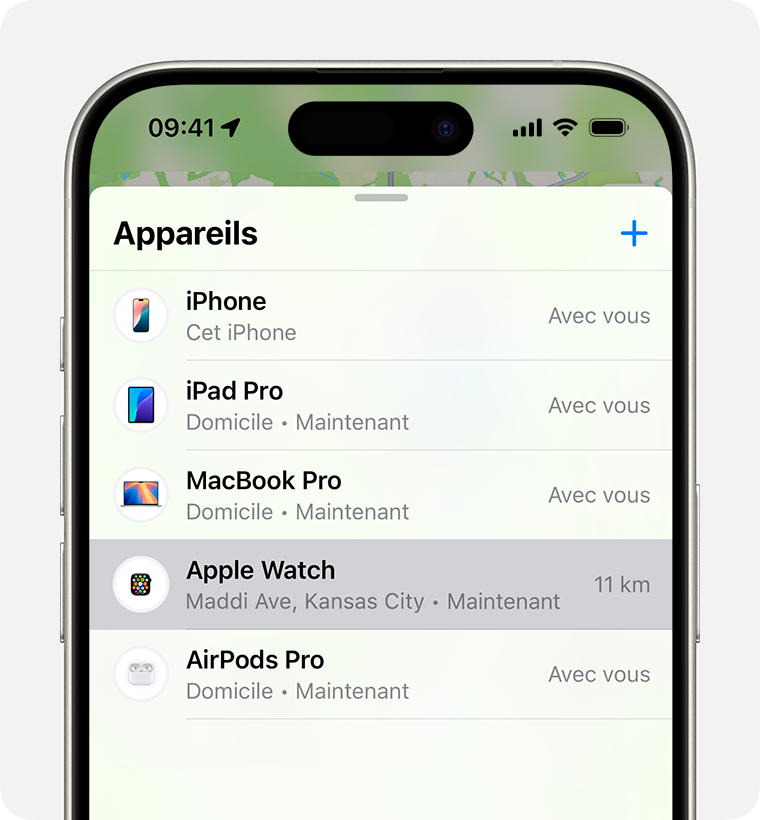 Sélectionnez votre montre dans Localiser pour activer le mode Perdu pour votre Apple Watch.