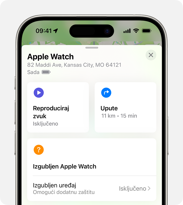 Na iPhone uređaju uključite mod izgubljenog uređaja za Apple Watch uređaj.