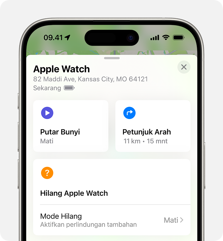 Di iPhone, nyalakan Mode Hilang untuk Apple Watch Anda.