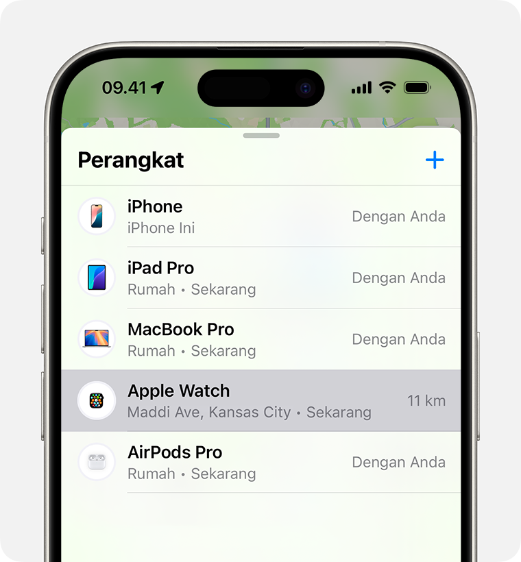 Pilih jam tangan Anda di Lacak untuk menyalakan Mode Hilang di Apple Watch Anda.