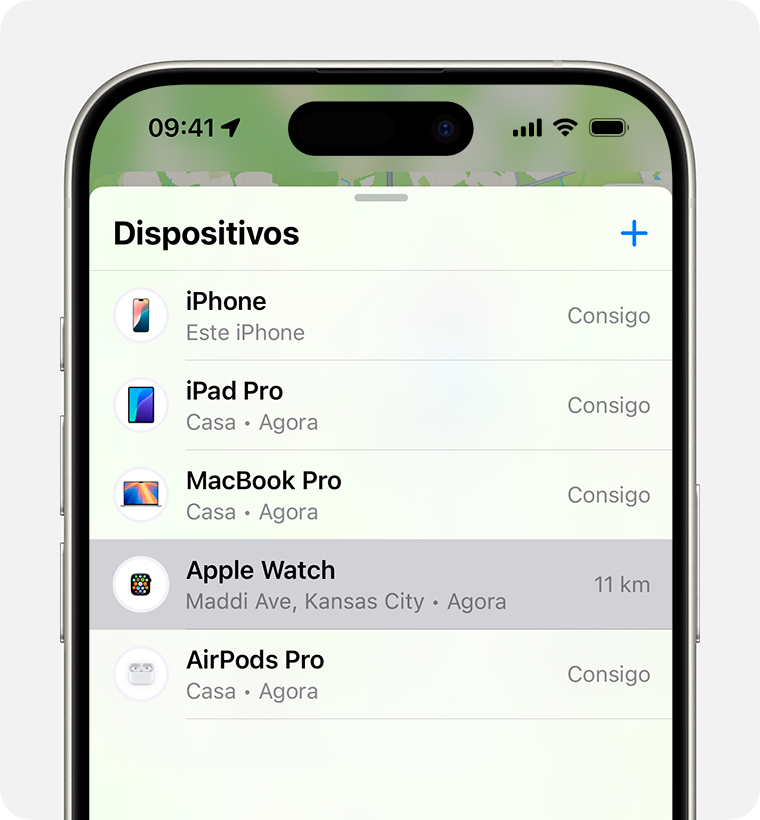 Selecione o relógio na app Encontrar para ativar o Modo perdido no Apple Watch.