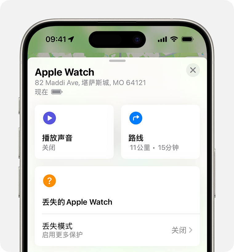 在 iPhone 上，为 Apple Watch 打开丢失模式。