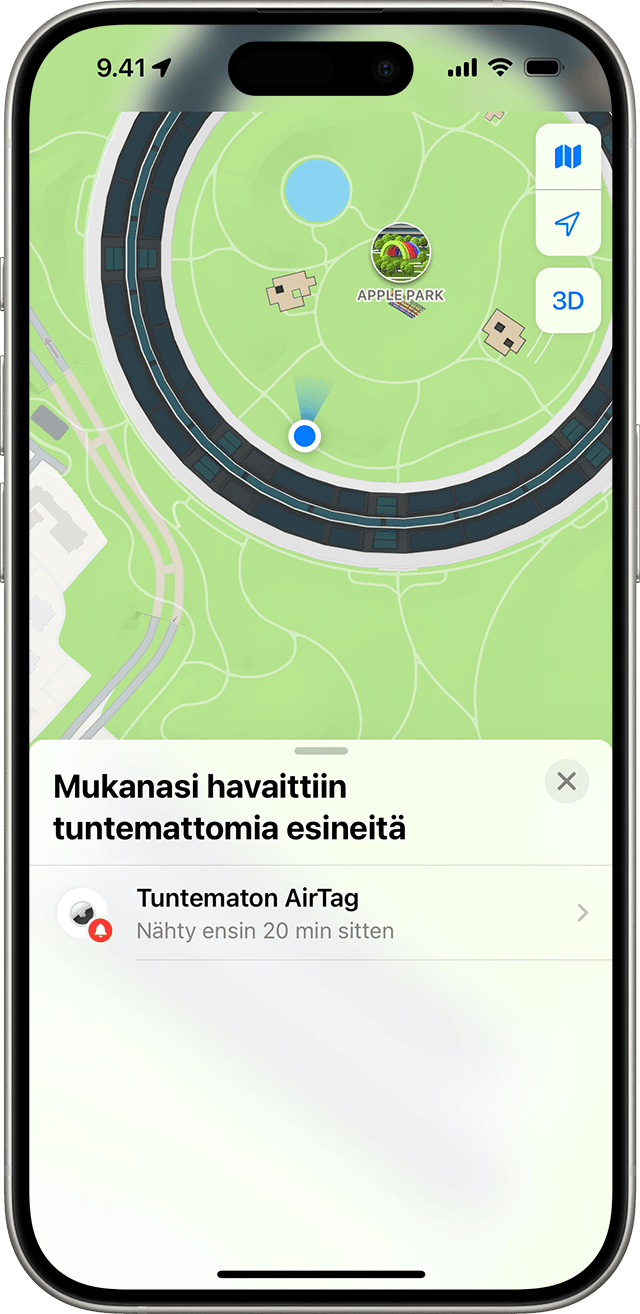 iPhone-näyttö, jossa näkyy ilmoitus mukanasi havaituista tuntemattomista esineistä.