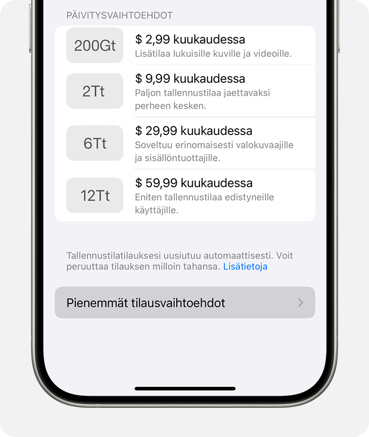 iPhone-näyttö, jossa näkyy pienentämisvaihtoehtojen valitsin