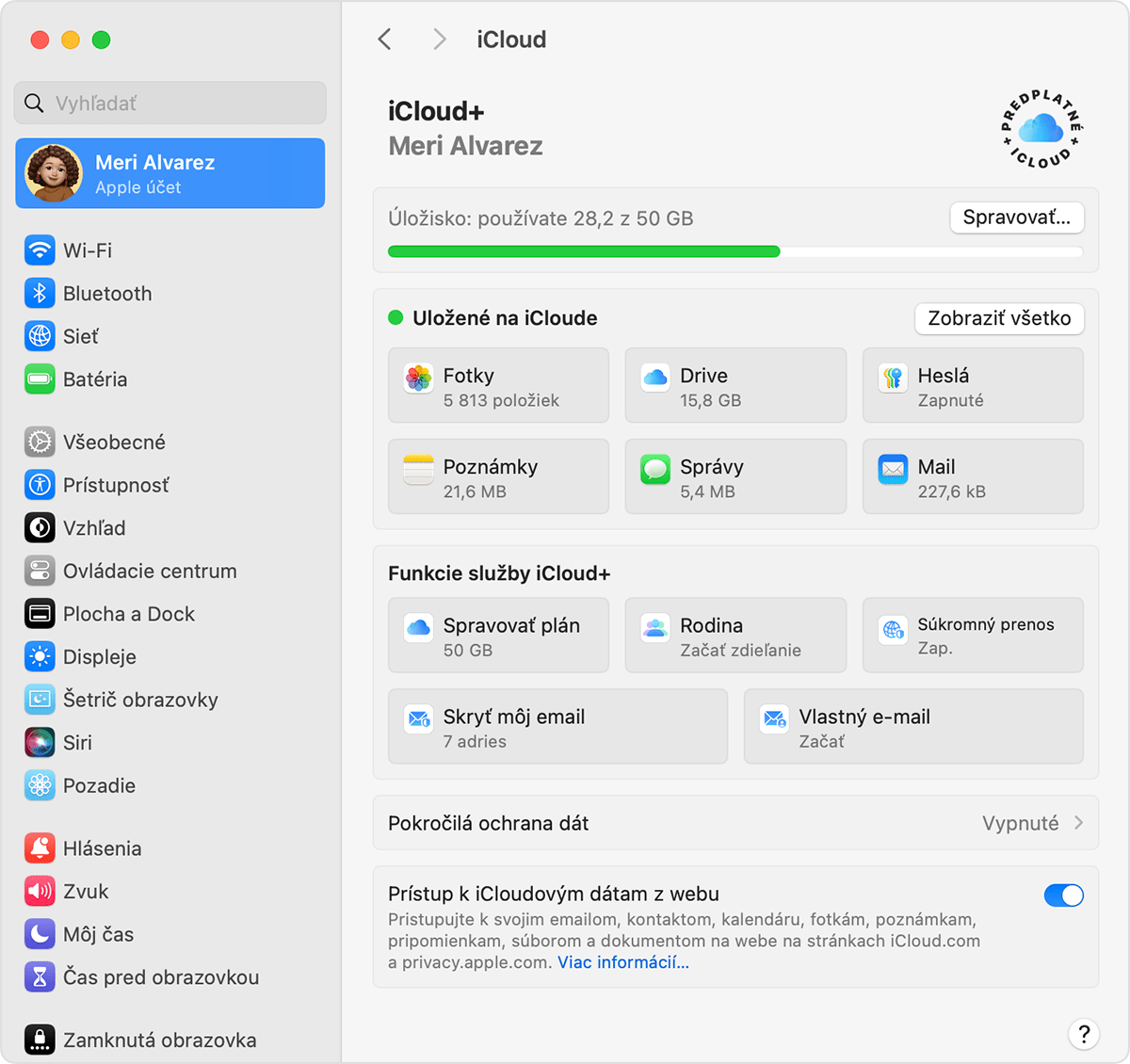 Obrazovka systému macOS s hlavnou obrazovkou nastavení iCloudu+