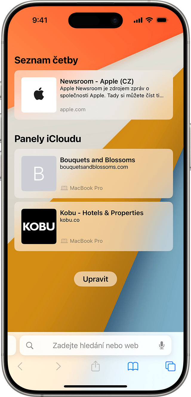iPhone zobrazující panely iCloudu v Safari.