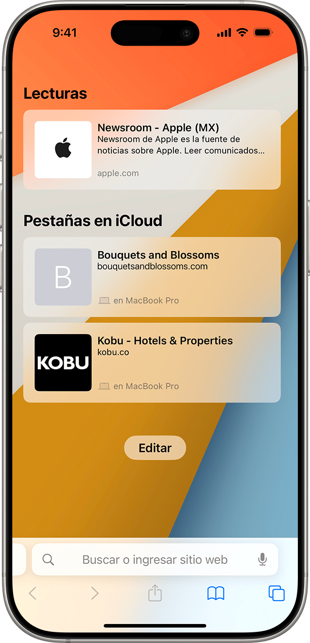 iPhone en el que se muestran las pestañas de iCloud en Safari.