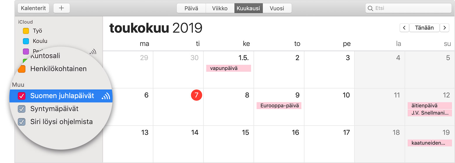 iCloud calendar with subscribed calendar selected