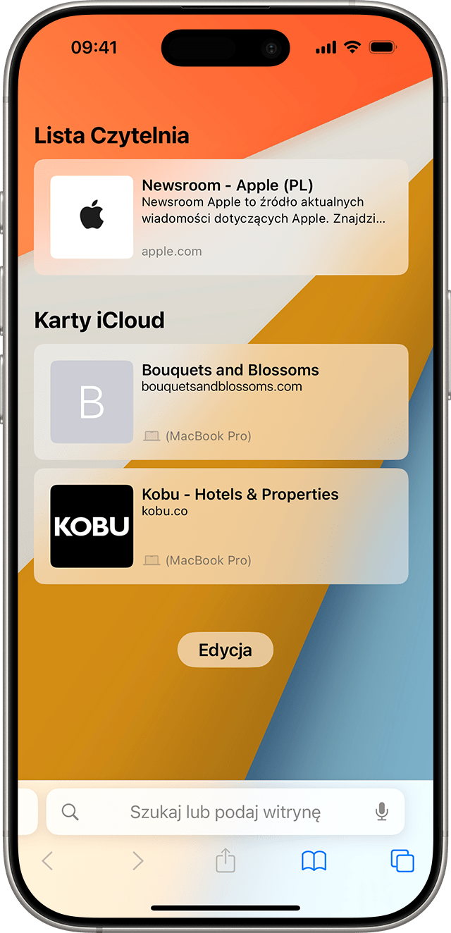 iPhone wyświetlający karty iCloud w przeglądarce Safari.