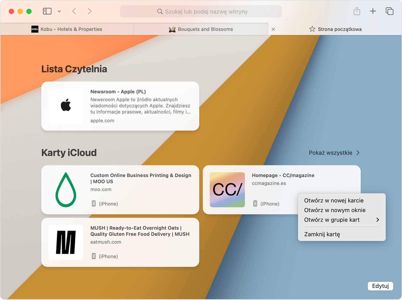 Mac wyświetlający opcję zamknięcia kart iCloud w przeglądarce Safari.