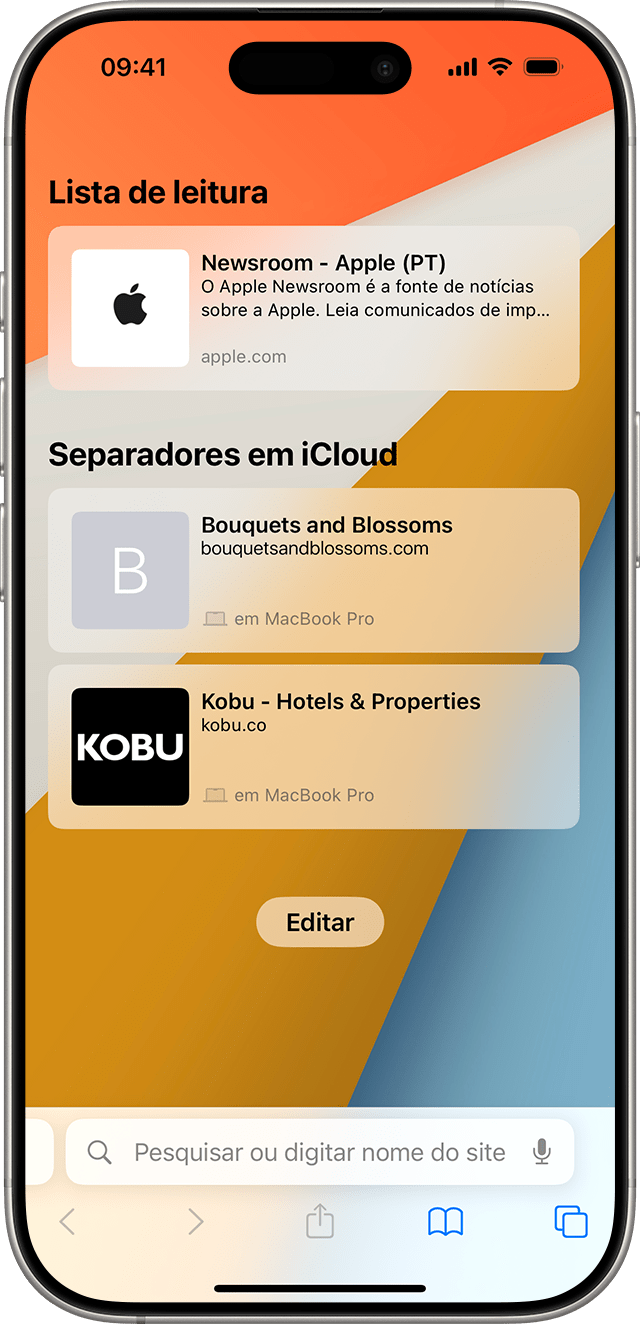 iPhone a mostrar os Separadores em iCloud no Safari.