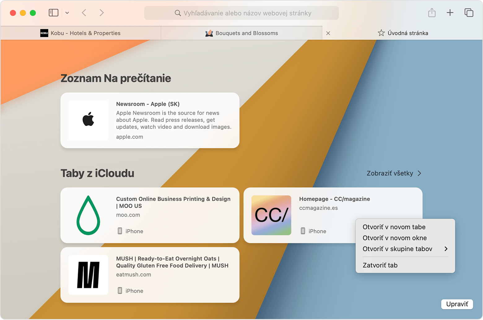 Mac so zobrazenou možnosťou zatvorenia Tabov z iCloudu v Safari.