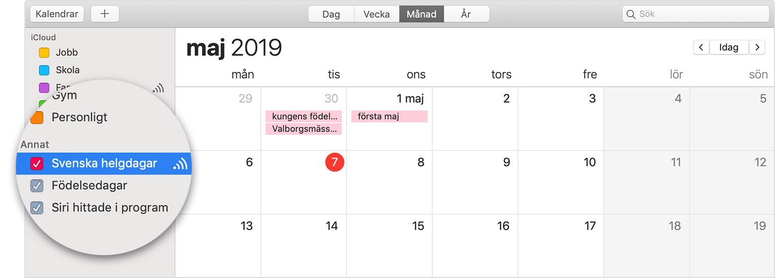 iCloud calendar with subscribed calendar selected