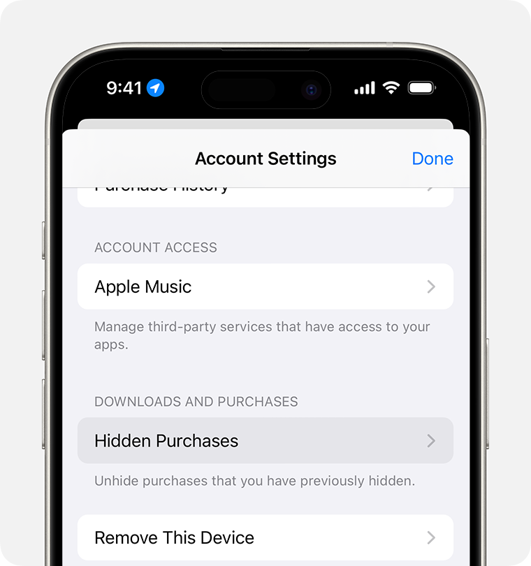 App Store on iPhone showing Account Settings, with the Hidden Purchases option highlighted