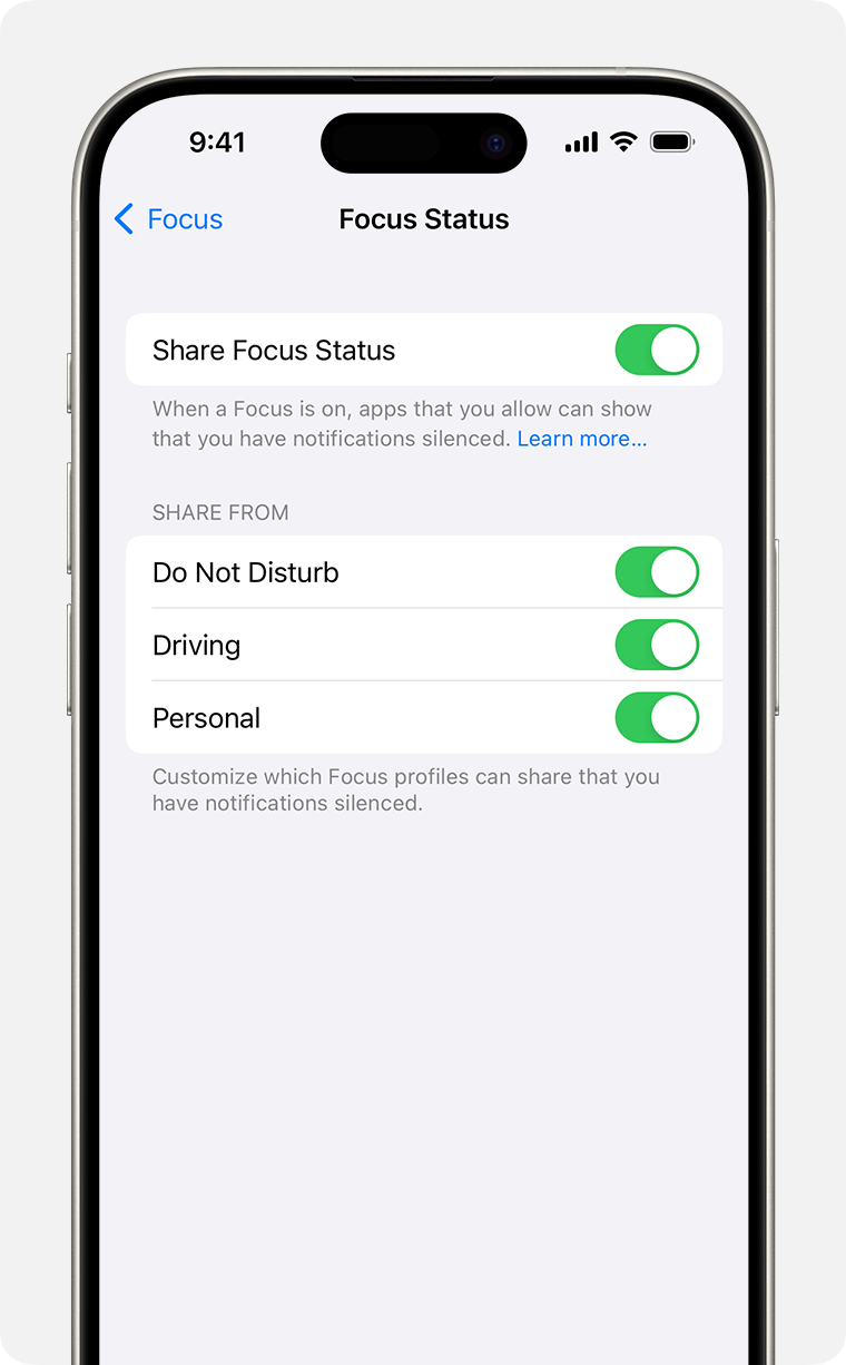 Focus status sharing settings in Settings > Focus > Focus Status