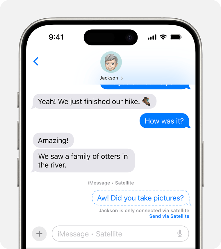 Pour envoyer un iMessage à une personne sans couverture mobile ni Wi-Fi, touchez Envoyer par satellite.