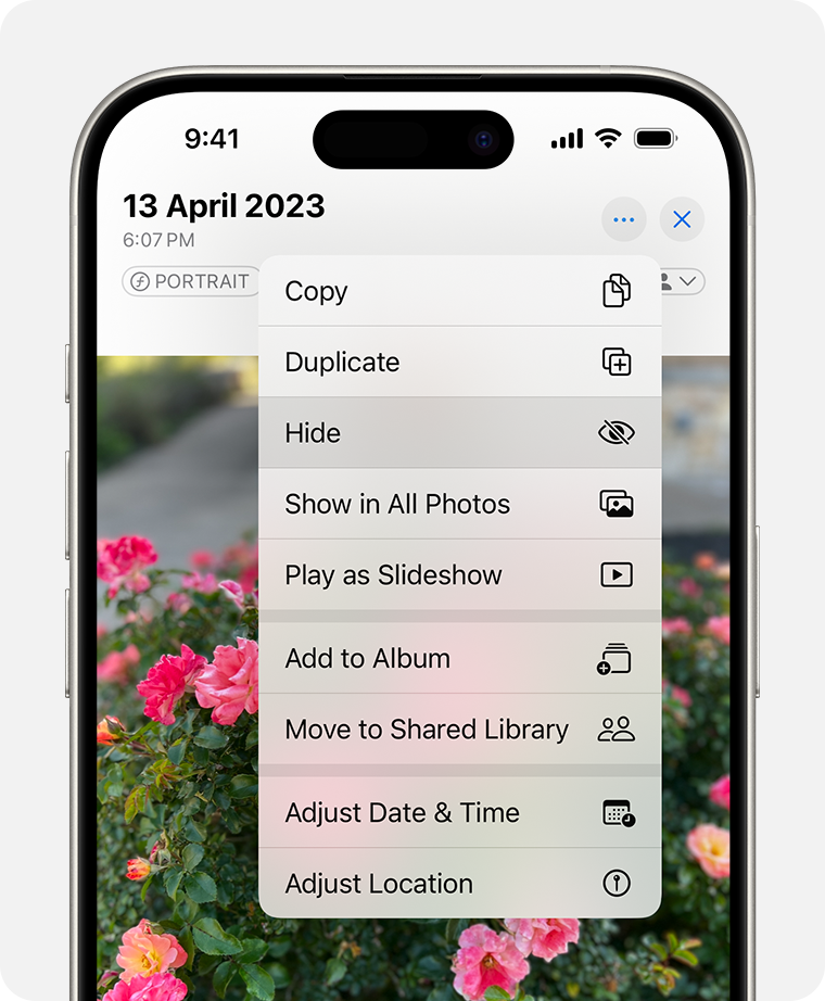 Dropdown menu highlighting the Hide feature feature for a photo.