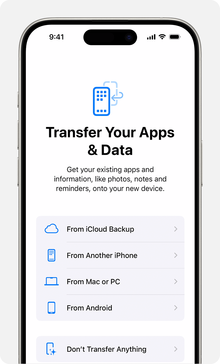 An iPhone showing the options to transfer your apps and data