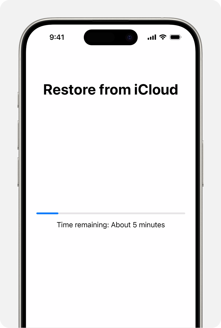 An iPhone displaying the status of restoring your device from an iCloud backup