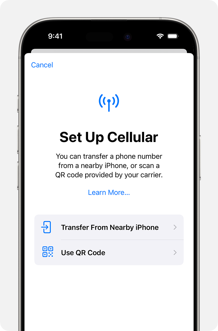 iPhone screenshot of setup of eSIM with options to transfer cellular plan from nearby iPhone or to use a QR code