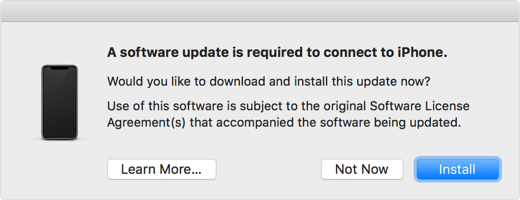 Window that shows a software update is required to connect to iPhone