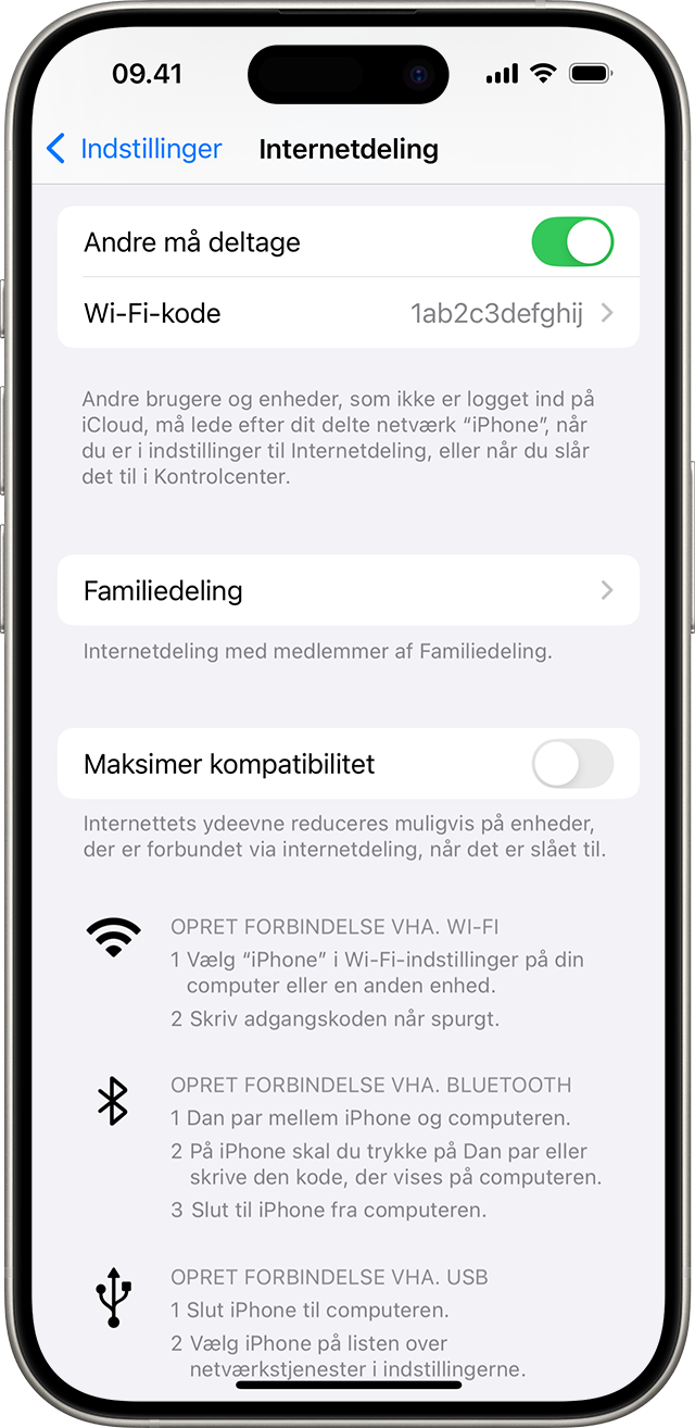 iPhone-skærm, der viser indstillingerne for Internetdeling