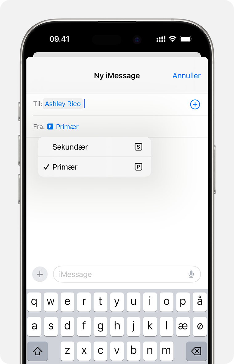 Valg af linje til afsendelse af iMessage- eller sms/mms-besked på telefoner med dobbelt eSIM