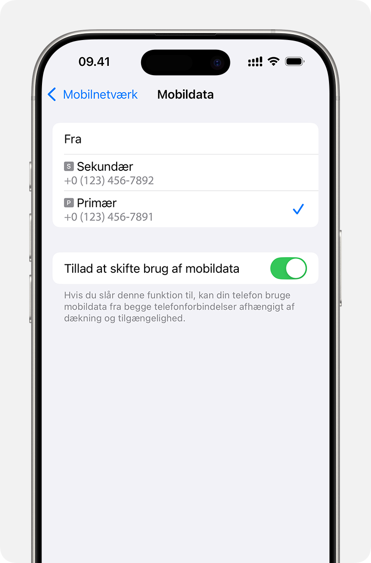 Indstillinger for mobildata på iPhone: hvilket nummer bruger mobildata, eller aktivering af Tillad skift af mobildata.