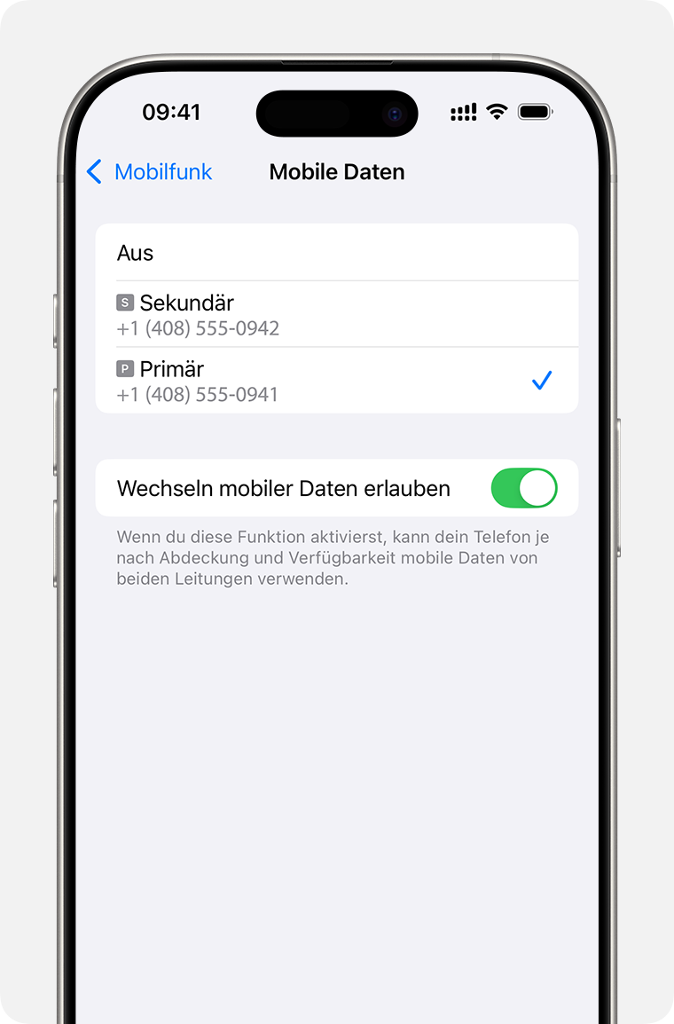 iPhone Einstellungen für mobile Daten, welche Nummer mobile Daten verwendet, oder „Wechseln mobiler Daten erlauben“aktivieren.