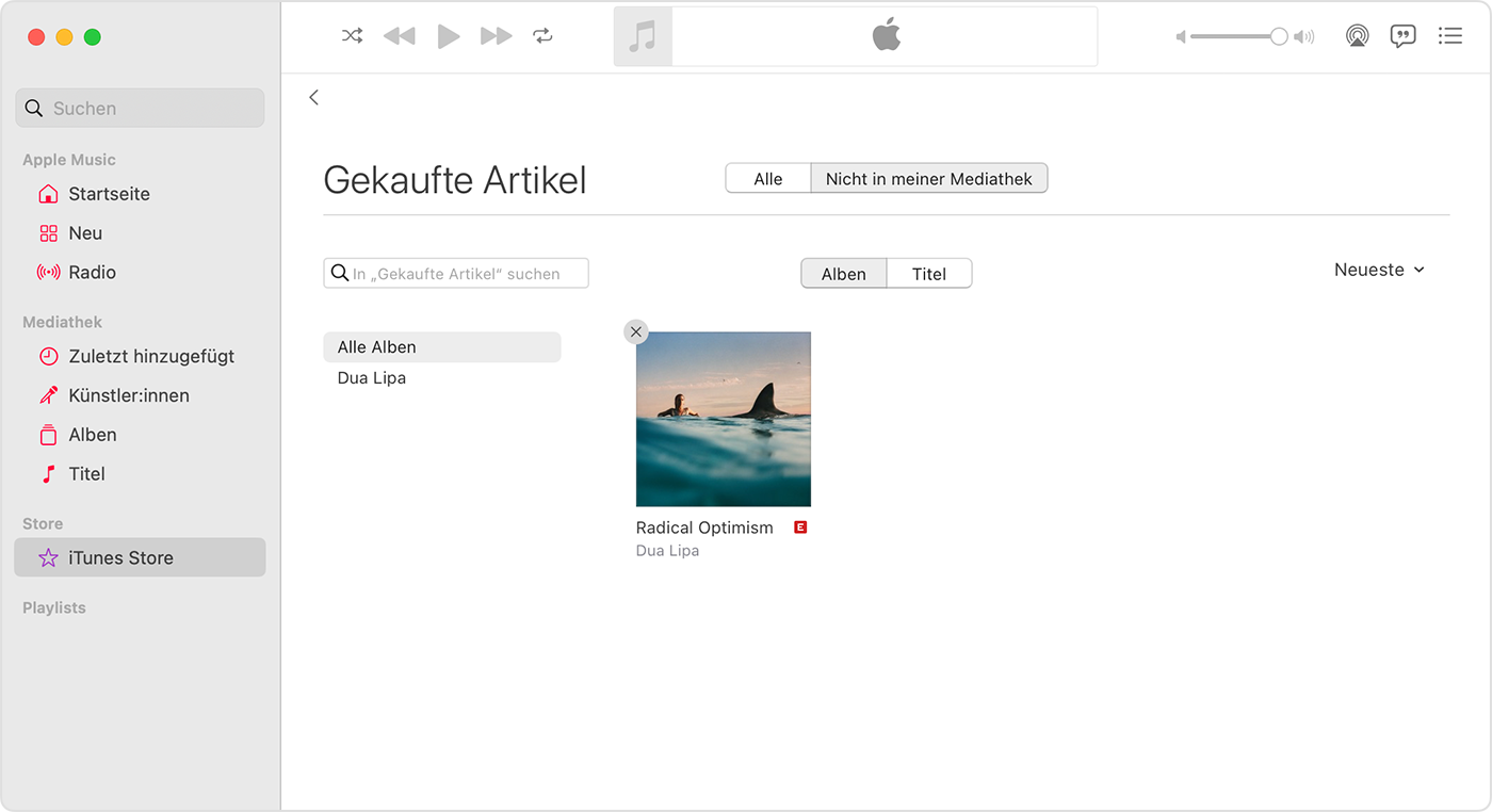 Apple Music App für Mac mit der Taste „Einkäufe ausblenden“ über einem gekauften Artikel