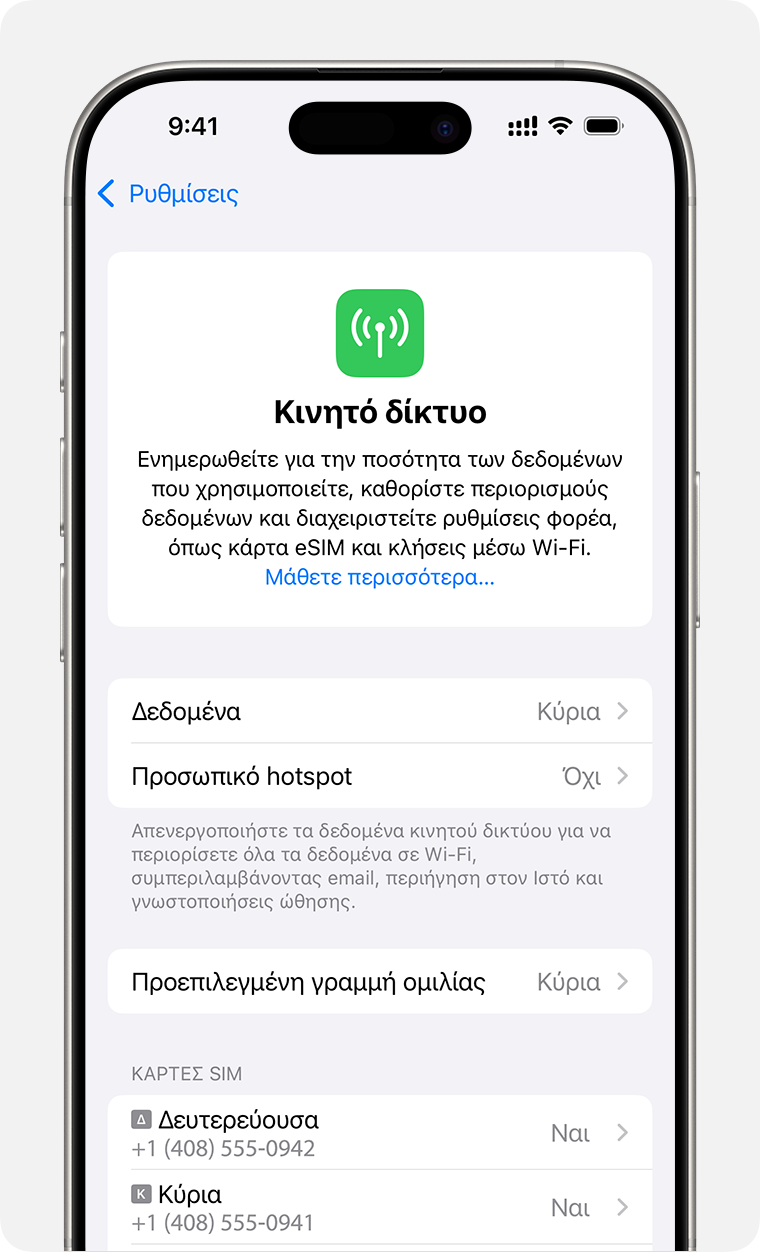 Οθόνη iPhone για τη διαχείριση των ρυθμίσεων κινητού δικτύου για κάθε ένα από τα προγράμματά σας