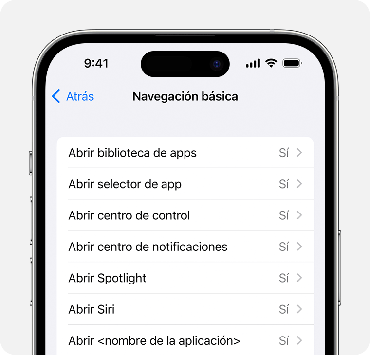 Un iPhone que muestra el menú de los comandos de Navegación básica.