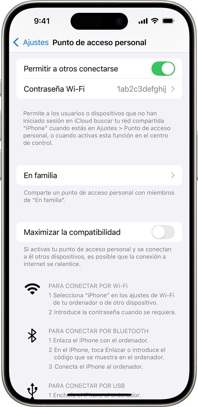 Pantalla de iPhone que muestra los ajustes de Punto de acceso personal