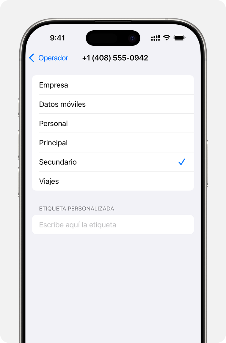 Menú de configuración de la doble eSIM con una lista de etiquetas de planes móviles