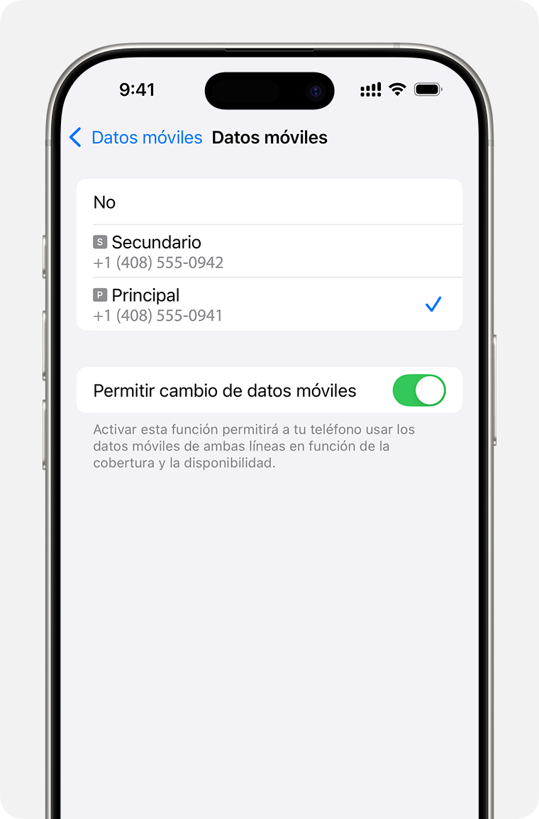 Ajustes de datos móviles del iPhone para establecer qué número utiliza los datos móviles o activar Permitir cambio de datos móviles.