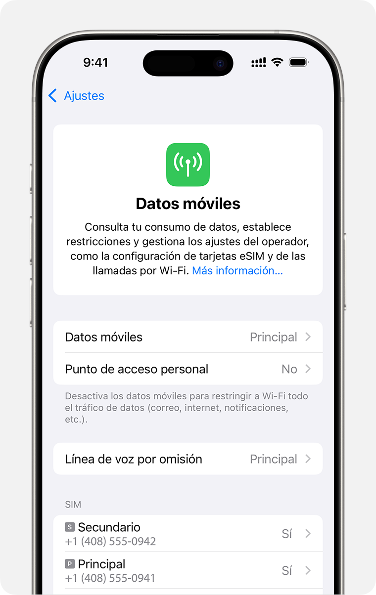 Pantalla del iPhone para gestionar la configuración móvil de cada uno de tus planes