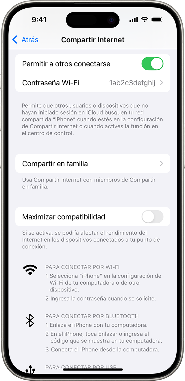 Pantalla del iPhone en la que se muestra la configuración de Compartir Internet