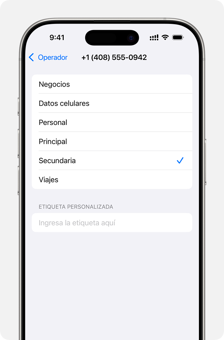 Menú de configuración de la eSIM doble con una lista de etiquetas de planes celulares