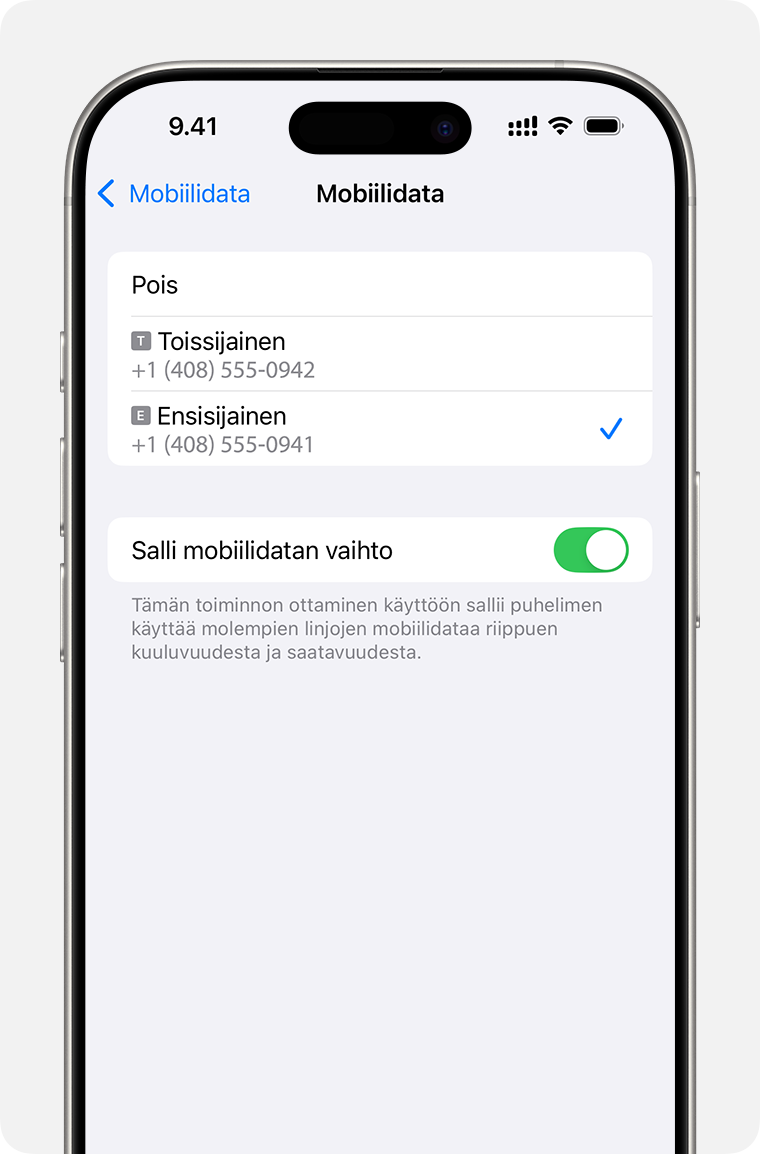 iPhonen mobiilidata-asetukset, jossa näkyy, mikä numero käyttää mobiilidataa, tai Salli mobiilidatan vaihto -valinnan käyttöönotto.