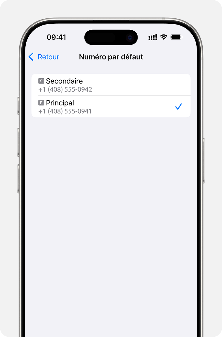 Écran de configuration de la double eSIM pour la sélection du numéro par défaut.