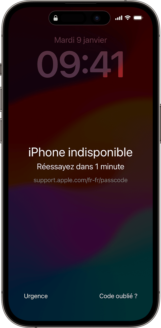 L’écran iPhone indisponible sous iOS 17 ou version ultérieure comprend une option « Code oublié ? ».