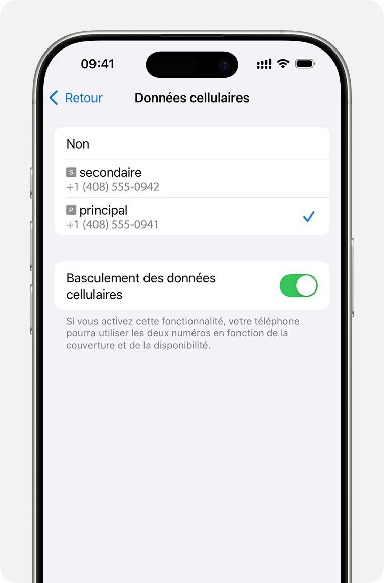 Réglages des données cellulaires d’un iPhone pour définir la ligne qui utilisera les données cellulaires ou activer l’option Autoriser le basculement des données cellulaires.