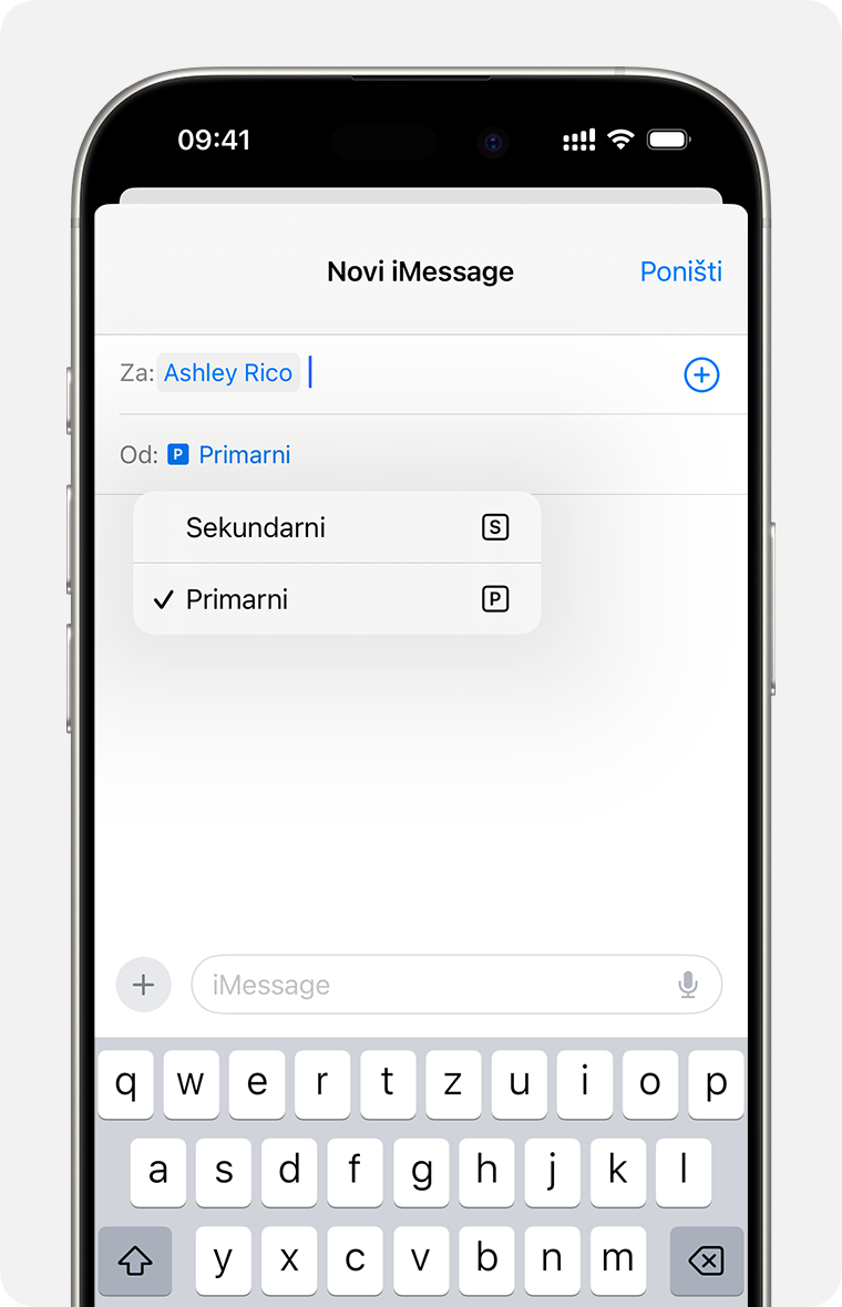 Odabrani broj za Dual eSIM za slanje iMessage ili SMS/MMS poruke