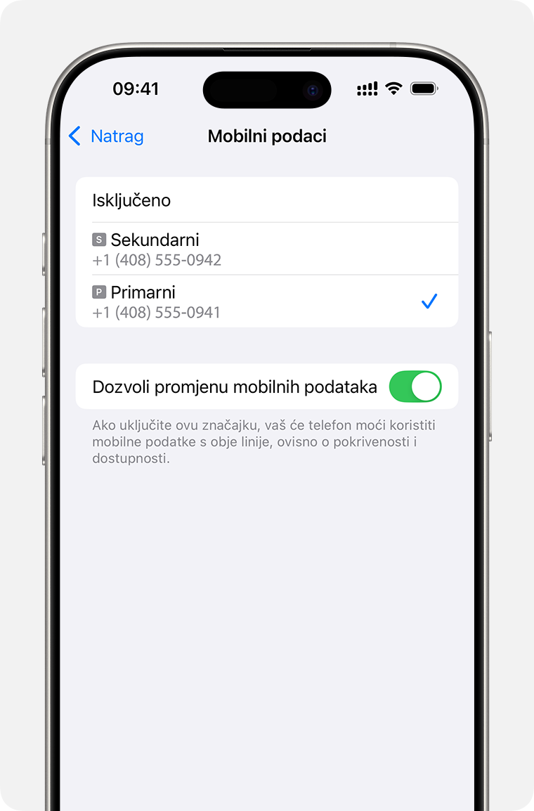 Postavke mobilnih podataka za iPhone za broj koji koristi mobilne podatke ili uključena opcija Dozvoli promjenu mobilnih podataka.