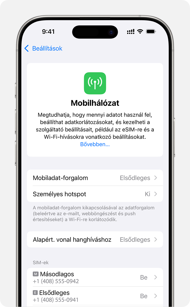 Az egyes előfizetésekhez megadott mobilhálózati beállítások kezelésének iPhone-képernyője