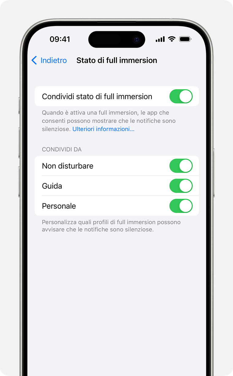 Impostazioni di condivisione dello stato di full immersion in Impostazioni > Full immersion > Stato di full immersion